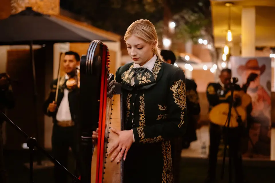 Arpista tocando de noche con luces cálidas